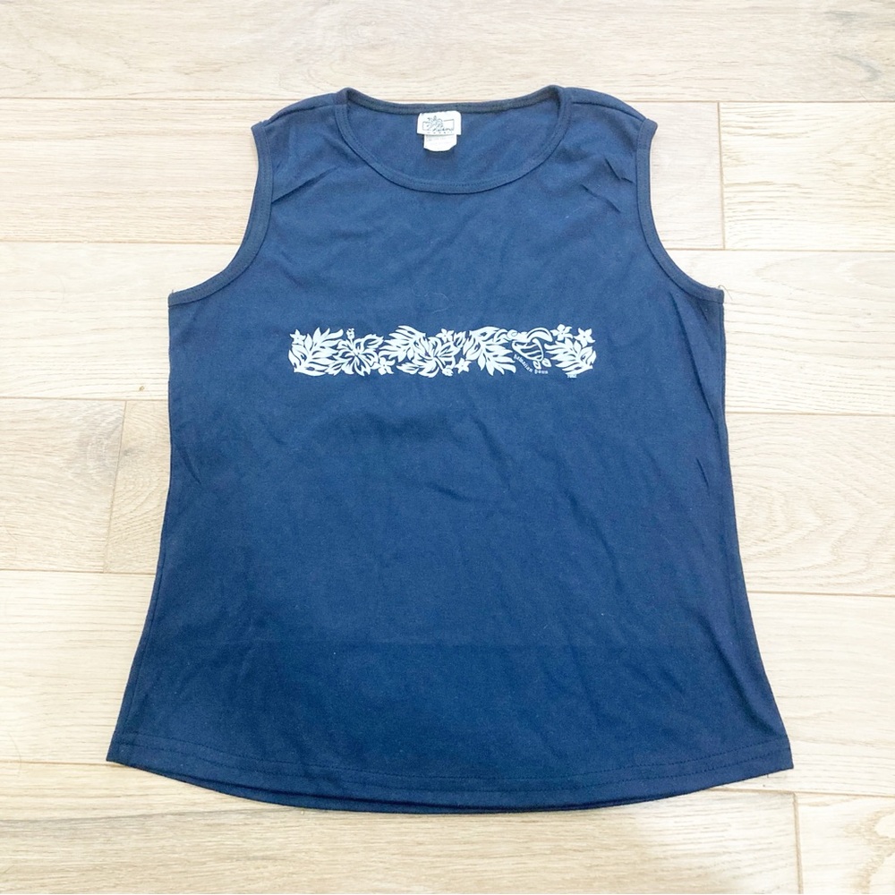 Vintage Navy Blue Tank Top with White Floral Accent